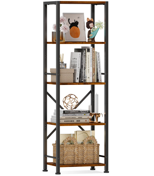 Furologee 5 Tier Tall Bookshelf, Rustic Narrow Bookcase