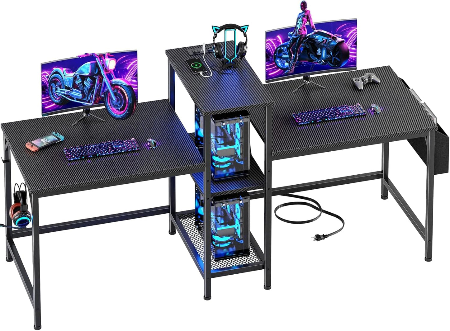 Furologee 71" Double Computer Desk with Power Outlets, Storage Bag & Headphone Hooks – Home Office Gaming or Study Table for 2