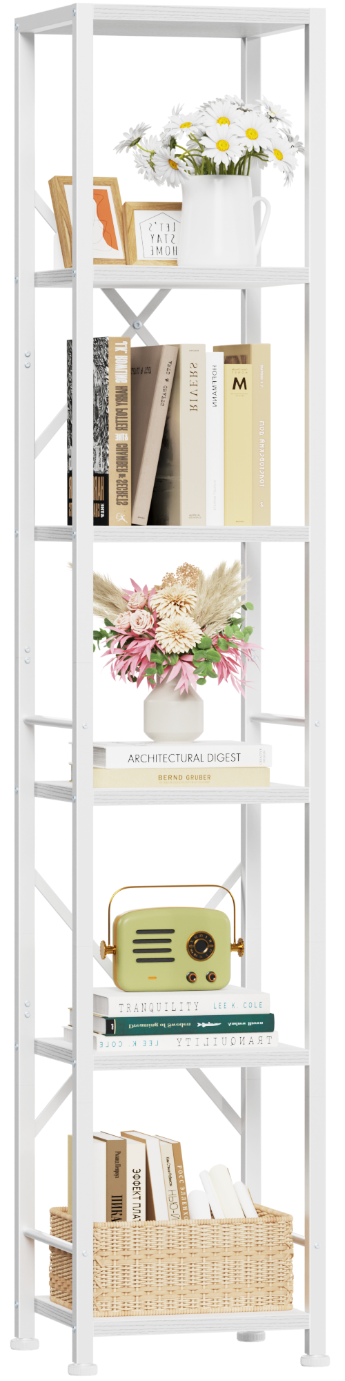 Furologee White Tall Bookshelf, Narrow Bookcase with 6 Shelves