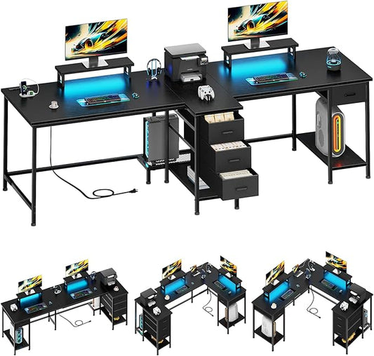 Double Gaming Desk w/ Power & LED Lights - 2 Monitor Stands, 4 Drawers | Black