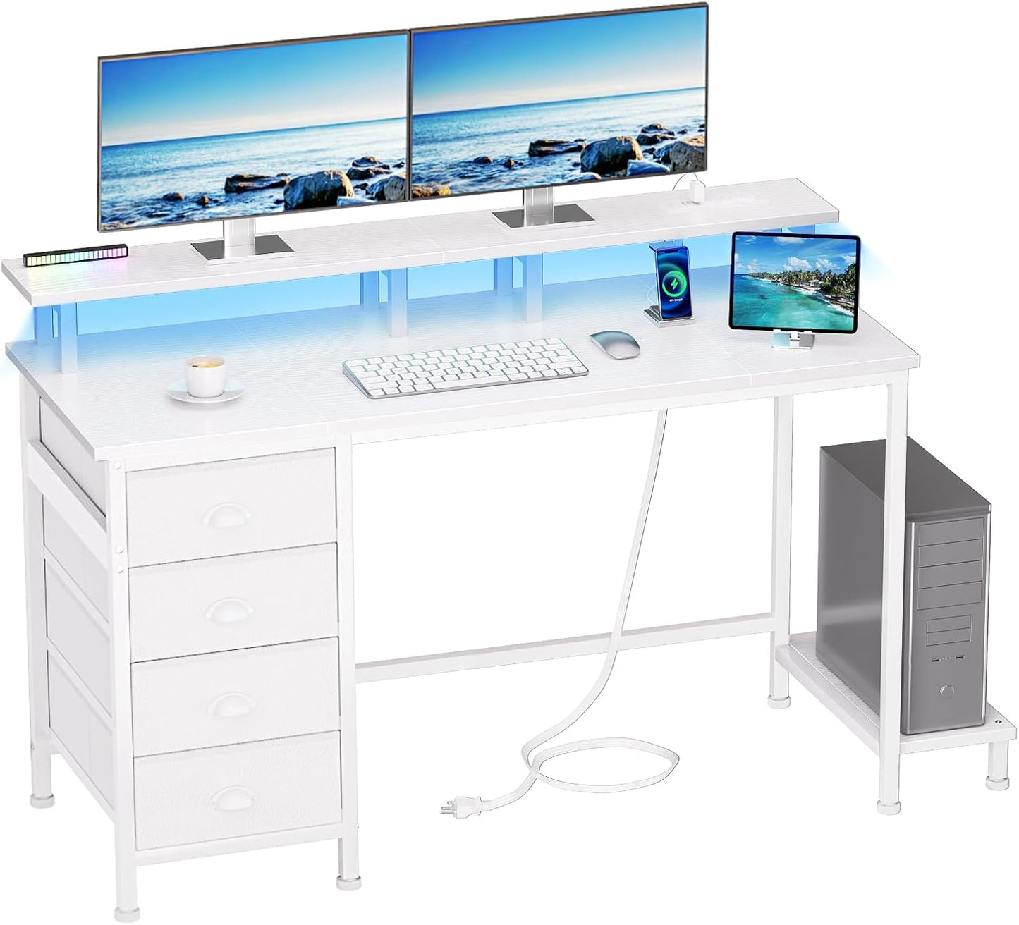 Furologee 55" Gaming Computer Desk with LED Lights, Power Outlets & 4 Fabric Drawers – Monitor Stand & Shelf for Home Office