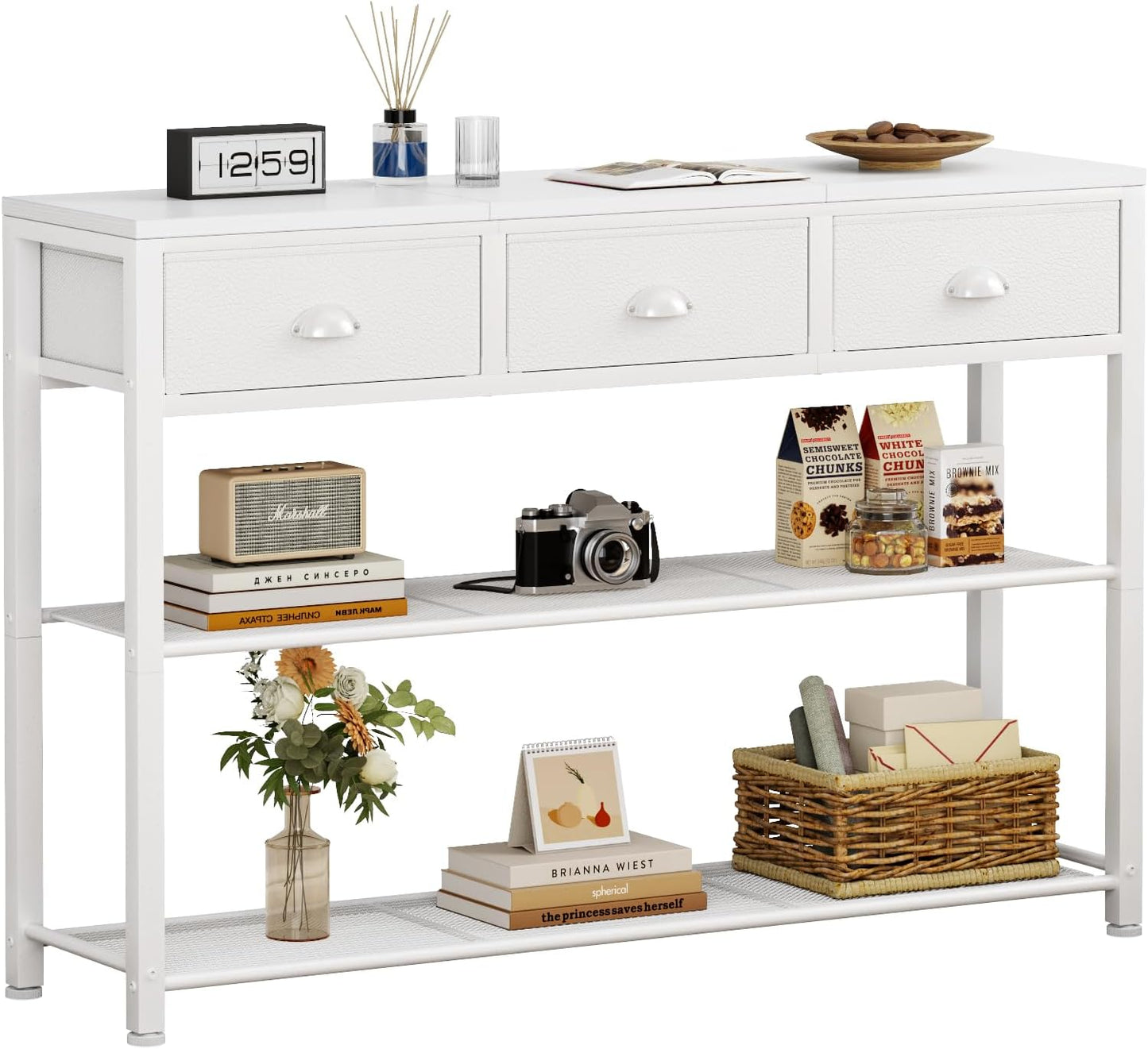 Furologee Entryway Console Table with 2 Fabric Drawers & Storage Shelf – Rustic Brown Hallway Sofa Table for Foyer or Entrance