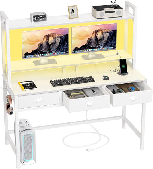 Furologee Gaming Desk w/ Power & LED Lighting - 3 Drawers, Monitor Stand & Hutch | White