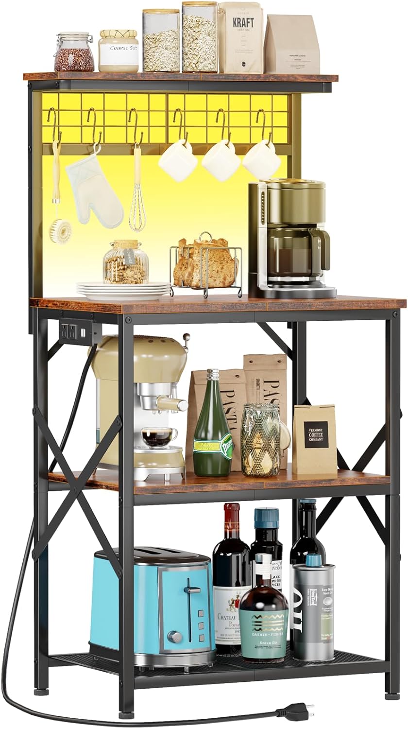 Furologee Kitchen Bakers Rack with LED Light & Outlet, Microwave Coffee Bar Stand with Storage Shelves & Hooks