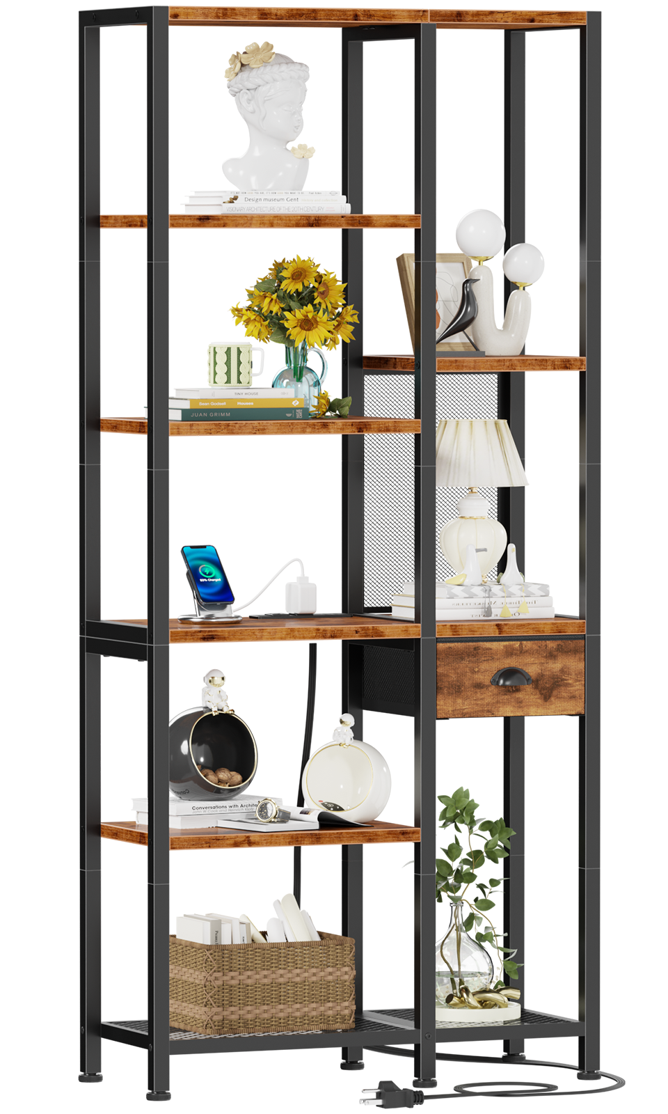 Furologee 6-Tier Bookshelf with Charging Station