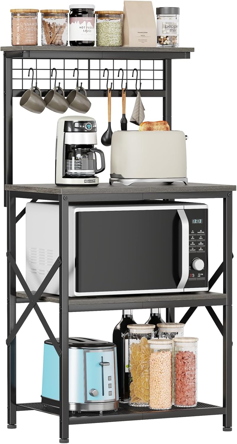 Furologee 4-Tier Kitchen Baker’s Rack with Pegboard & Hooks – Microwave Stand, Coffee Bar Station, Storage Shelf for Spices & Cookware, Black Oak