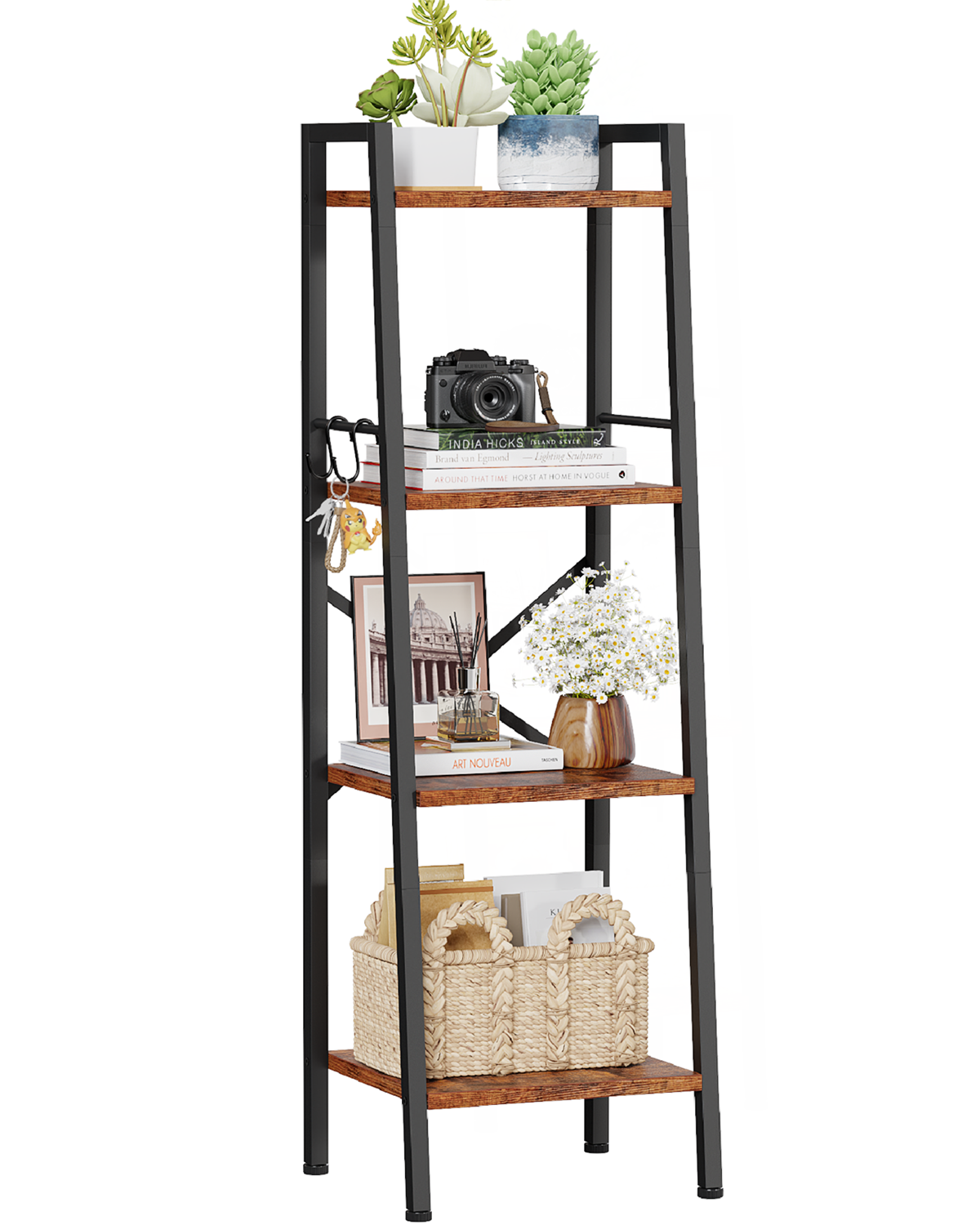 Furologee 4 Tier Ladder Bookshelf Narrow, Metal Wooden Ladder Shelf Bookcase with 2 Hooks