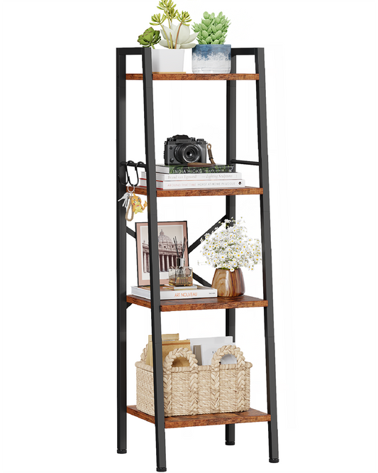 Furologee 4 Tier Ladder Bookshelf Narrow, Metal Wooden Ladder Shelf Bookcase with 2 Hooks