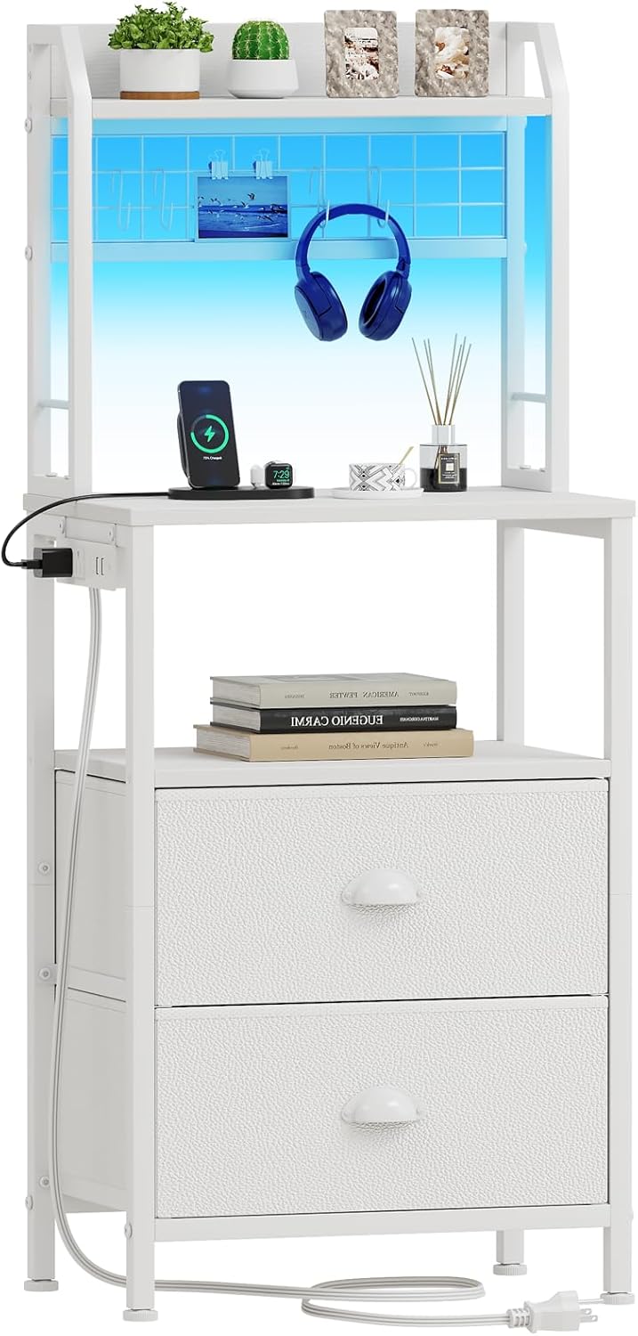 Furologee 40" Tall Nightstand with Charging Station, LED Lights & Storage – Bedside Table with Drawers & Pegboard