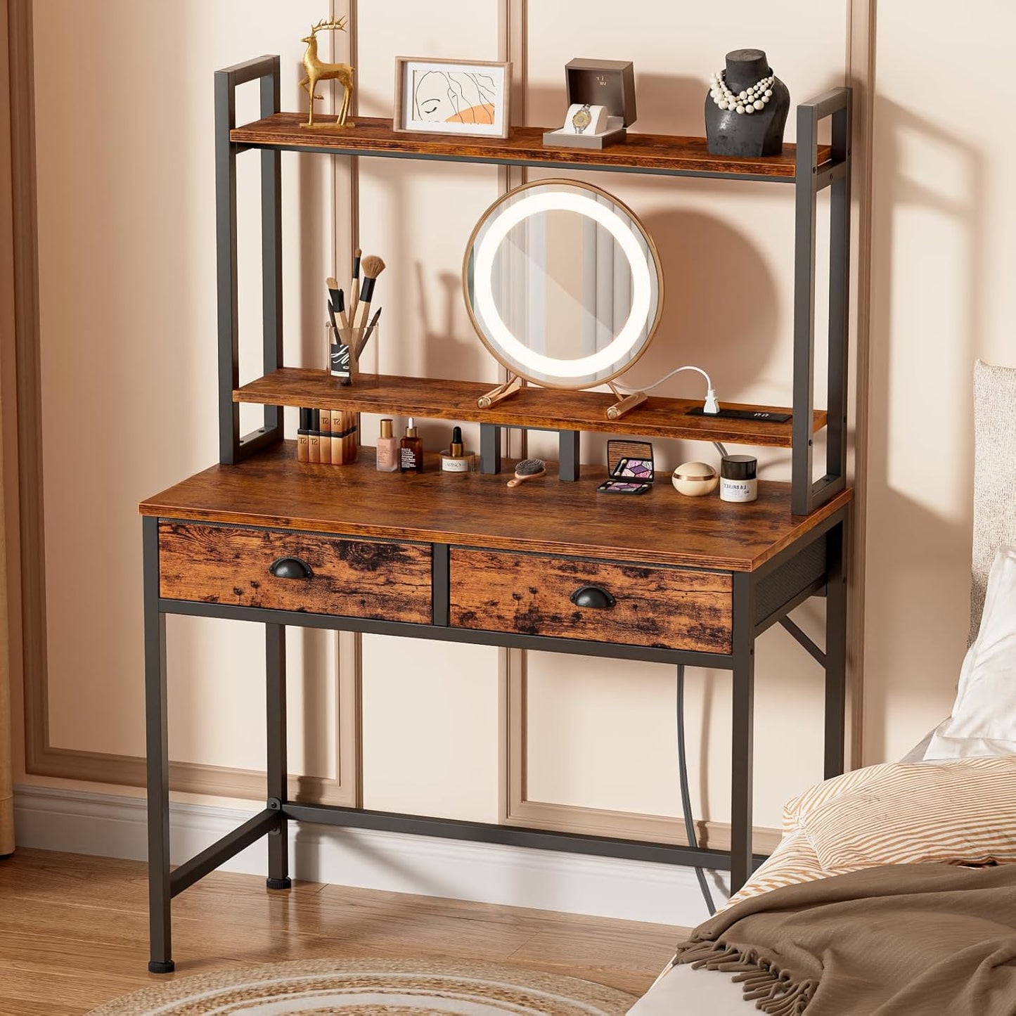 Furologee 36” Computer Desk with Hutch, LED & Power Outlet, Rustic Writing Table with Storage