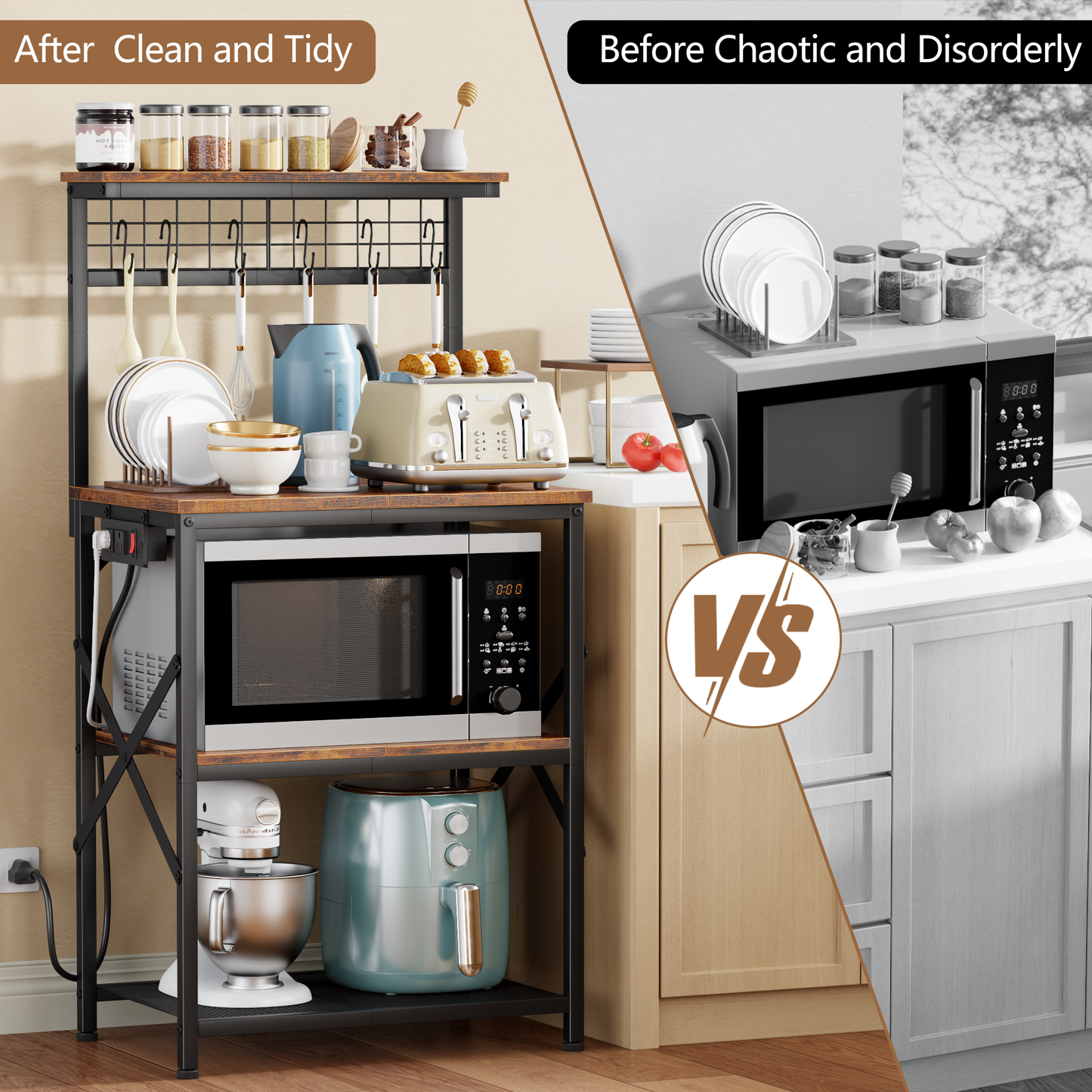 Furologee Kitchen Bakers Rack with Power Outlet, Microwave Oven Stand with Storage 4 Tiers, Coffee Bar Table with 6 S Hooks, Kitchen Storage Shelf Rack for Spices, Pots, Rustic Brown