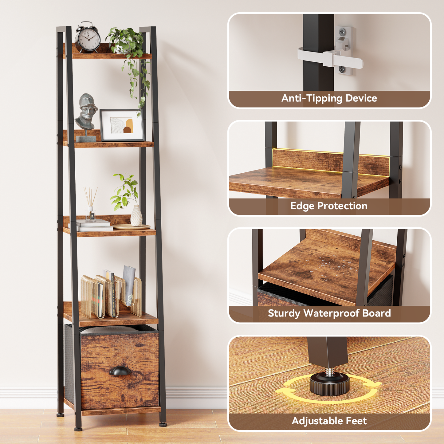Furologee 5 Tier Narrow Ladder Shelf, Ladder Bookshelf with Drawer