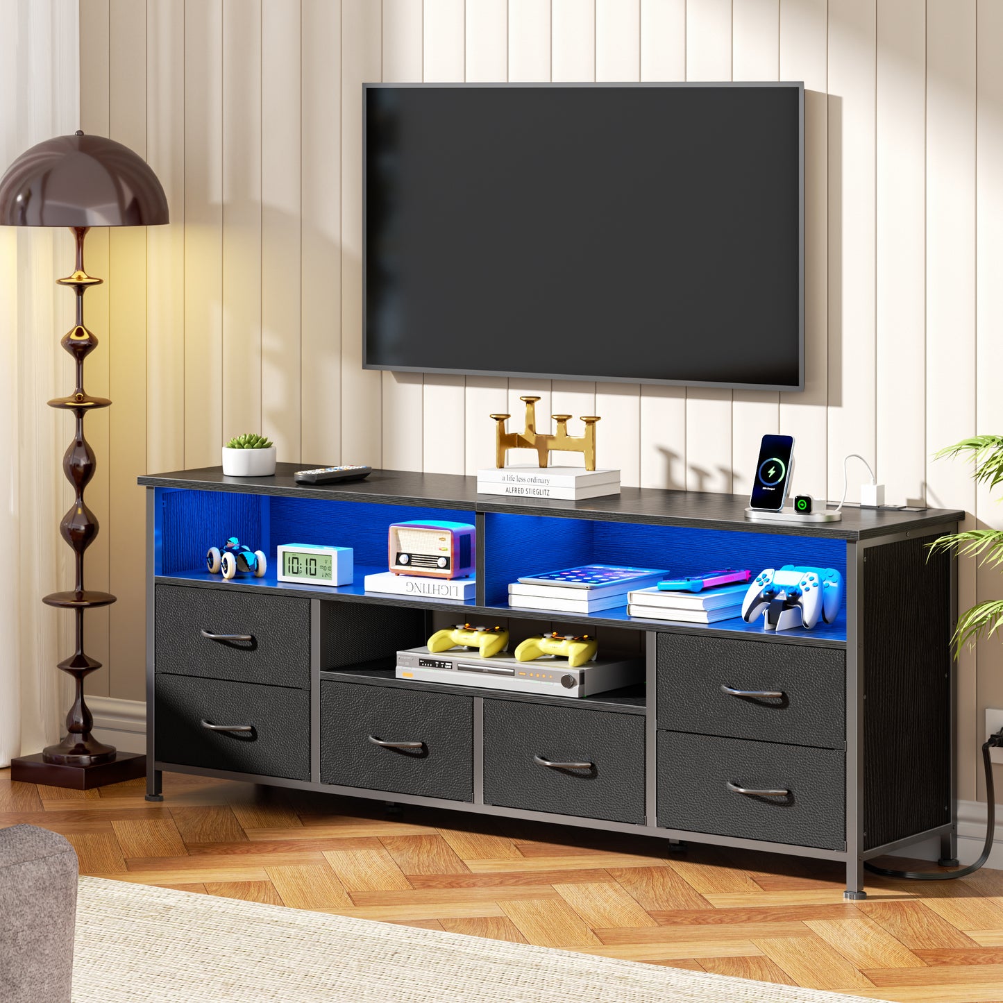 Furologee 55" LED TV Stand for Bedroom with Power Outlets, Entertainment Center with 6 Fabric Drawers for 50/55/60 inch TVs