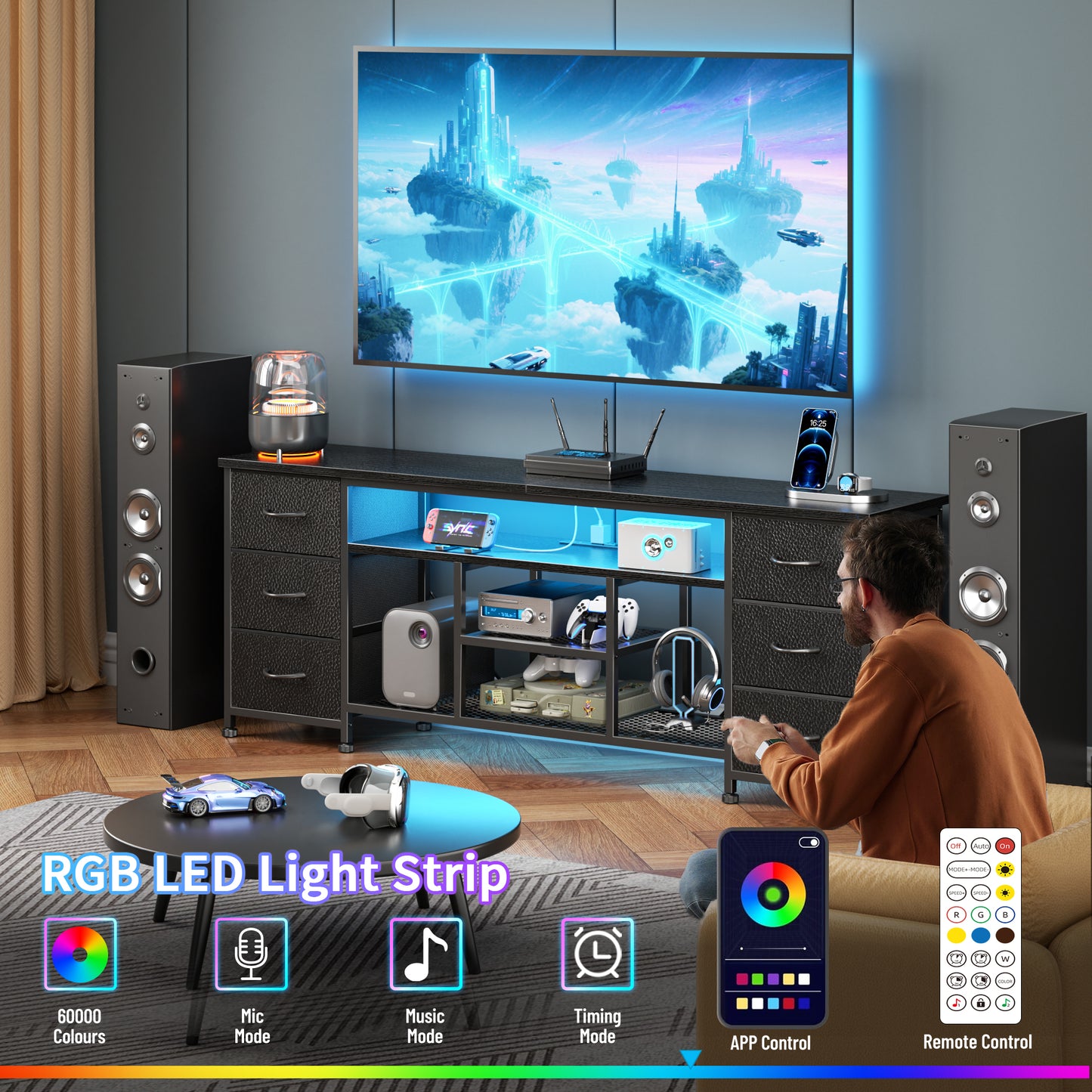 Furologee LED TV Stand for 55, 60 Inch TV, 55 Inch Entertainment Center with Power Outlets Black