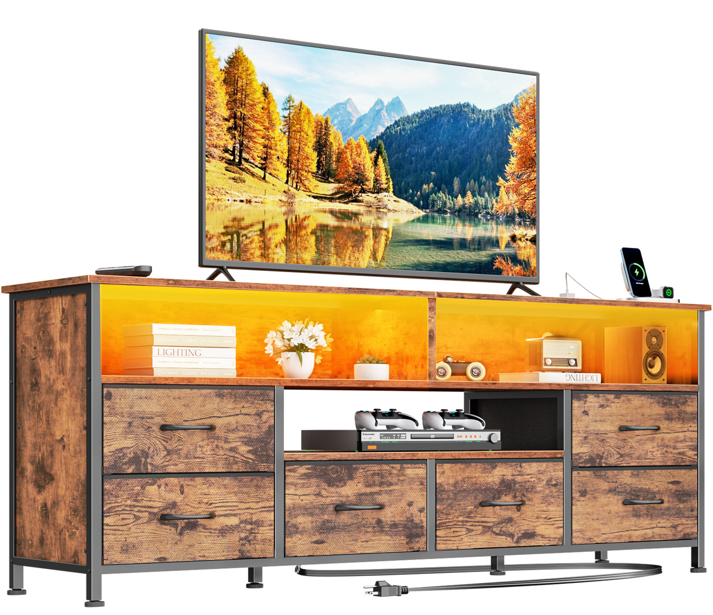 Furologee 55" LED TV Stand for Bedroom with Power Outlets, Entertainment Center with 6 Fabric Drawers for 50/55/60 inch TVs