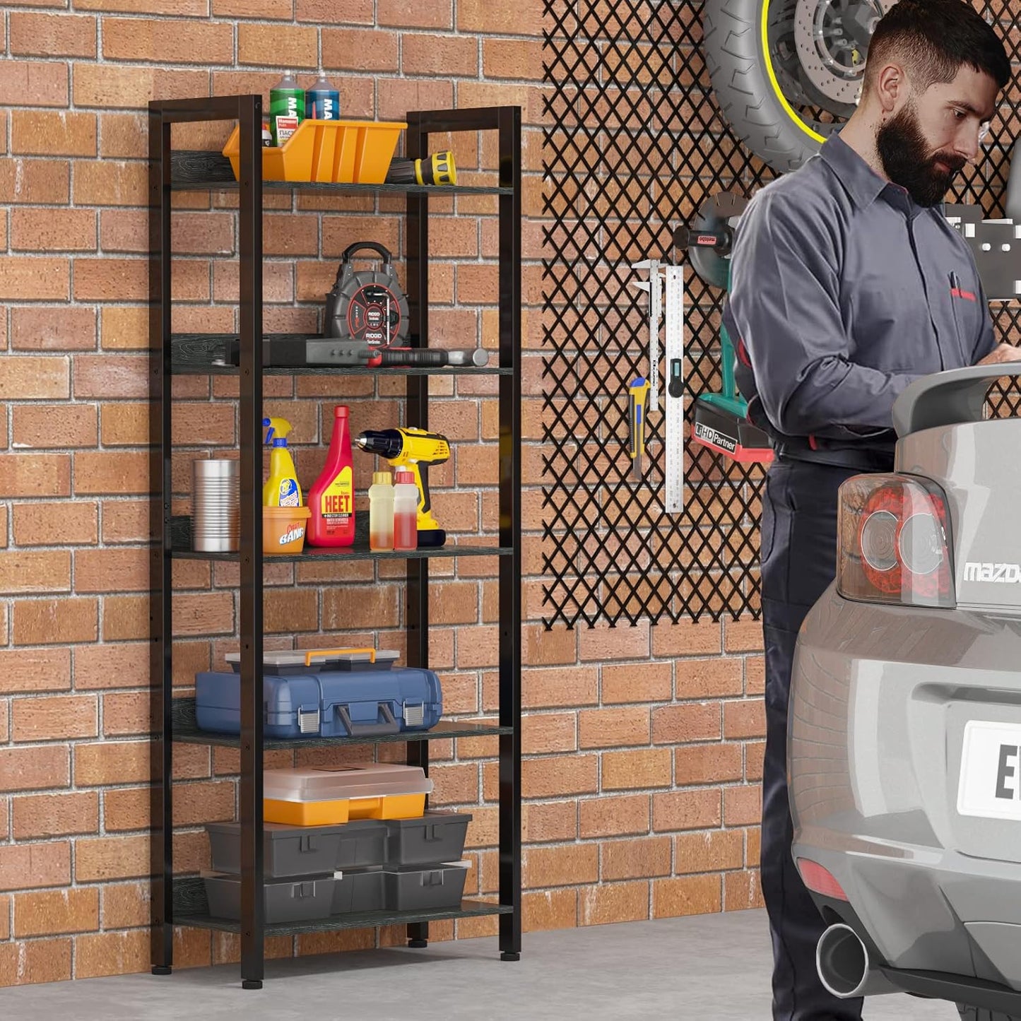 Furologee 5-Tier Bookshelf with Drawers – Tall Industrial Bookcase for Living Room or Office