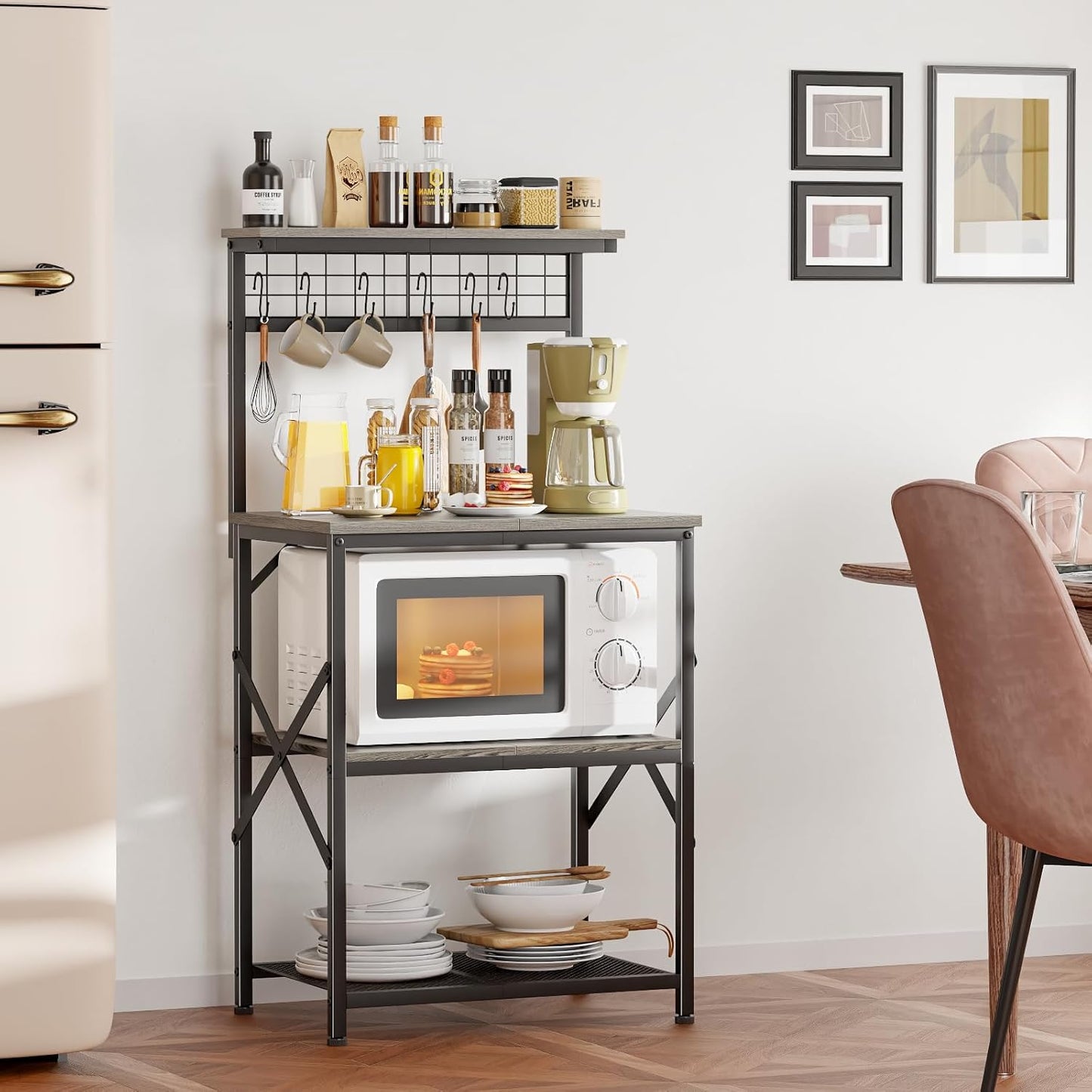 Furologee 4-Tier Kitchen Baker’s Rack with Pegboard & Hooks – Microwave Stand, Coffee Bar Station, Storage Shelf for Spices & Cookware, Black Oak