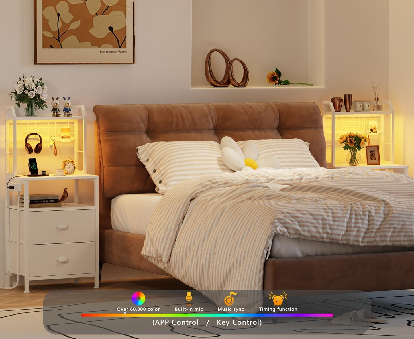 Furologee 40" Tall Nightstand with Charging Station, LED Lights & Storage – Bedside Table with Drawers & Pegboard