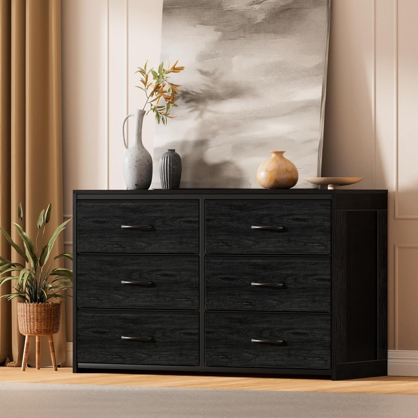 6 Drawer Dresser for Bedroom, TV Stand for 55” TV, Black Dresser for Closet, Entryway, 15.75” Deepth Fabric Drawer, Large Storage Organizer, Wooden Top and Side Board, Sturdy Steel Frame