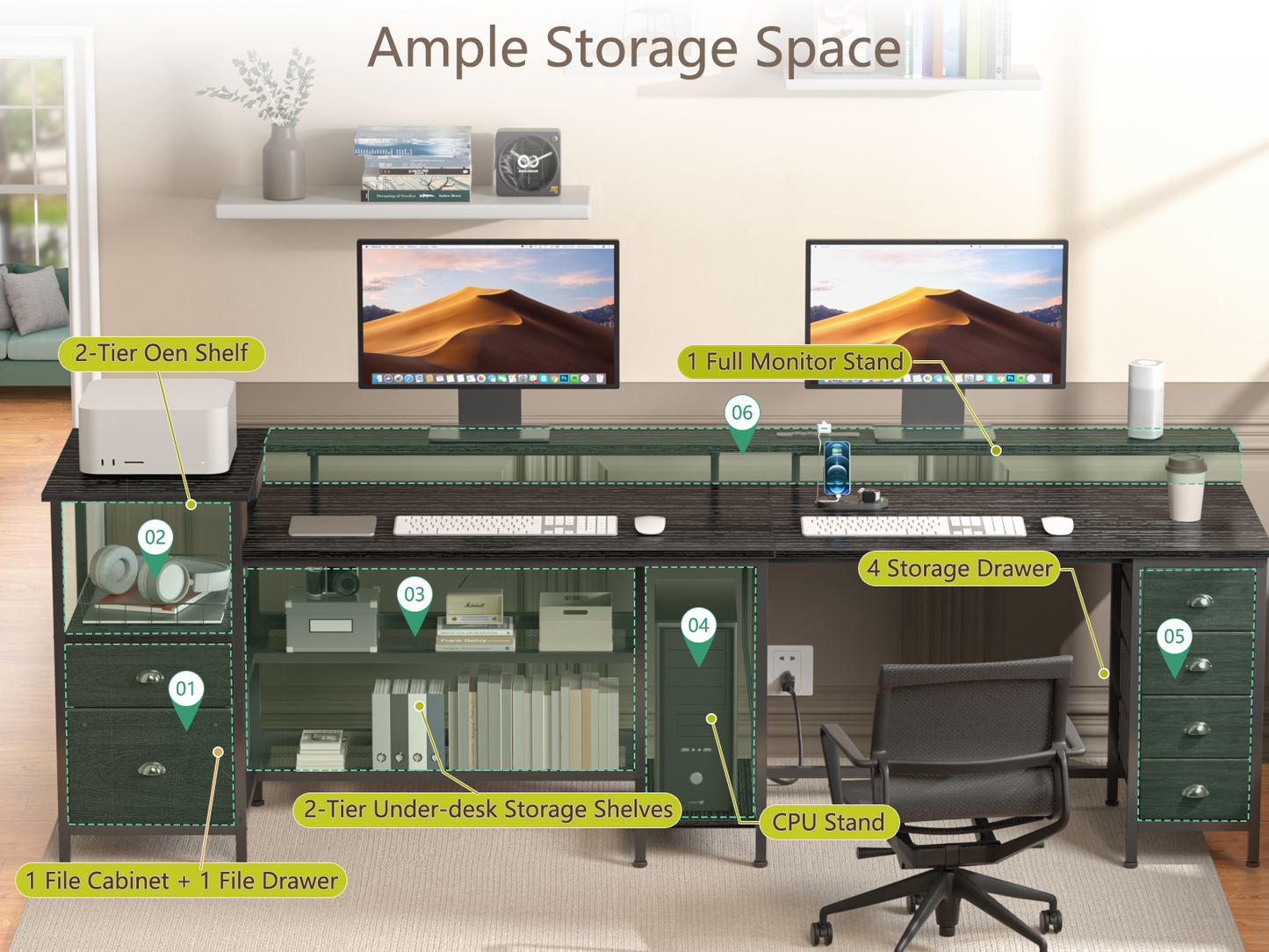 Furologee 66" L Shaped Gaming Desk with 6 Drawers & Printer Storage Shelves
