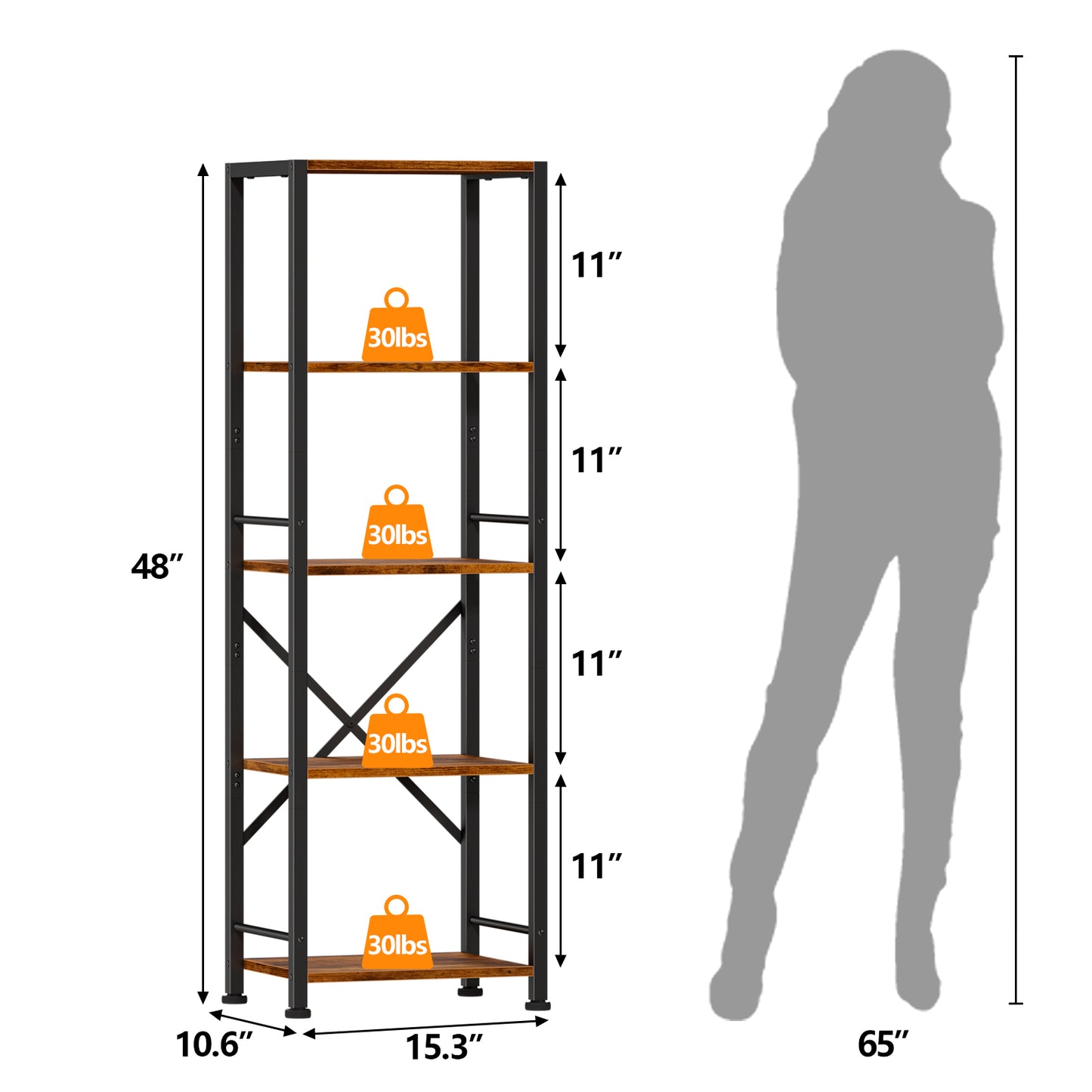 Furologee 5 Tier Tall Bookshelf, Rustic Narrow Bookcase