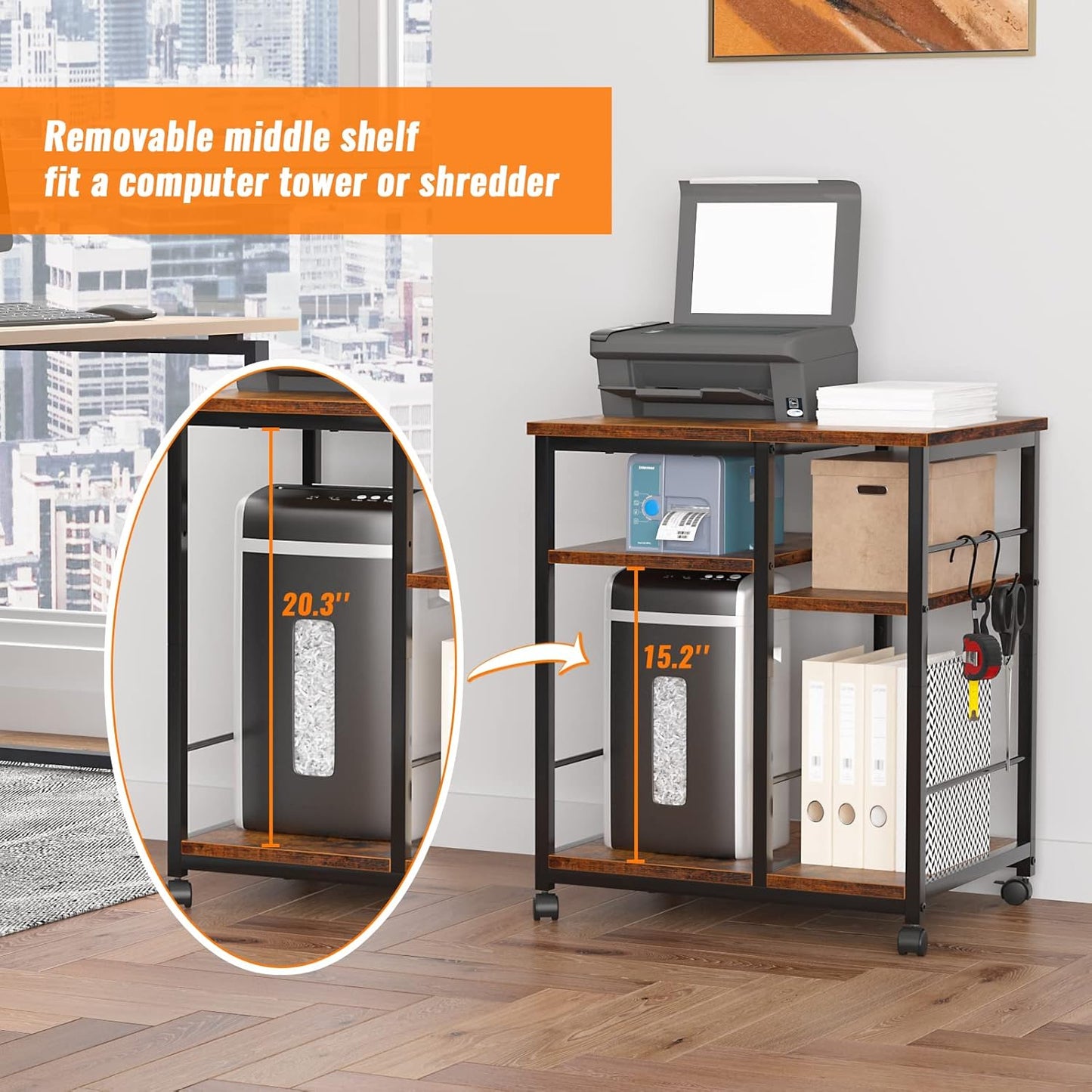 Furologee 3-Tier Mobile Printer Stand with Wheels & Storage Shelf – Rolling Under Desk Cart with Hooks for Home Office, Rustic Brown