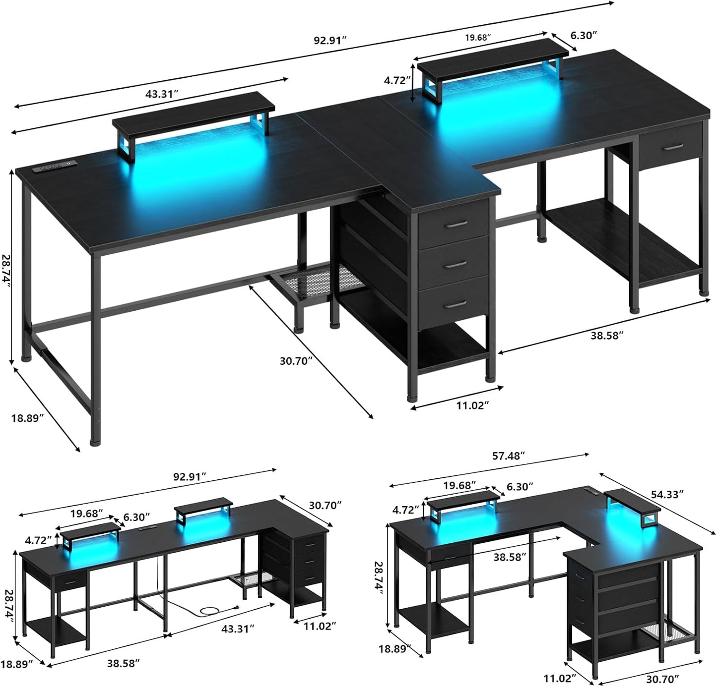 Double Desk w/ Power Outlet & LED Light, 2 Monitor Stands, 4 Storage Drawers – Black