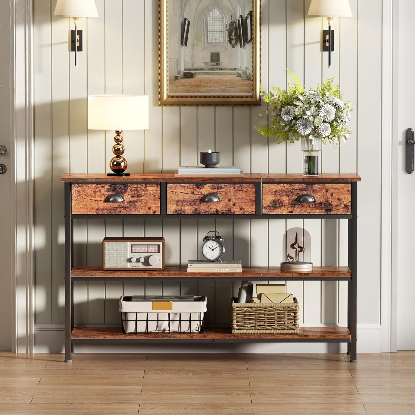 Furologee 47” Entryway Console Table with Drawers & Storage Shelves, Industrial Sofa Table for Hallway or Living Room