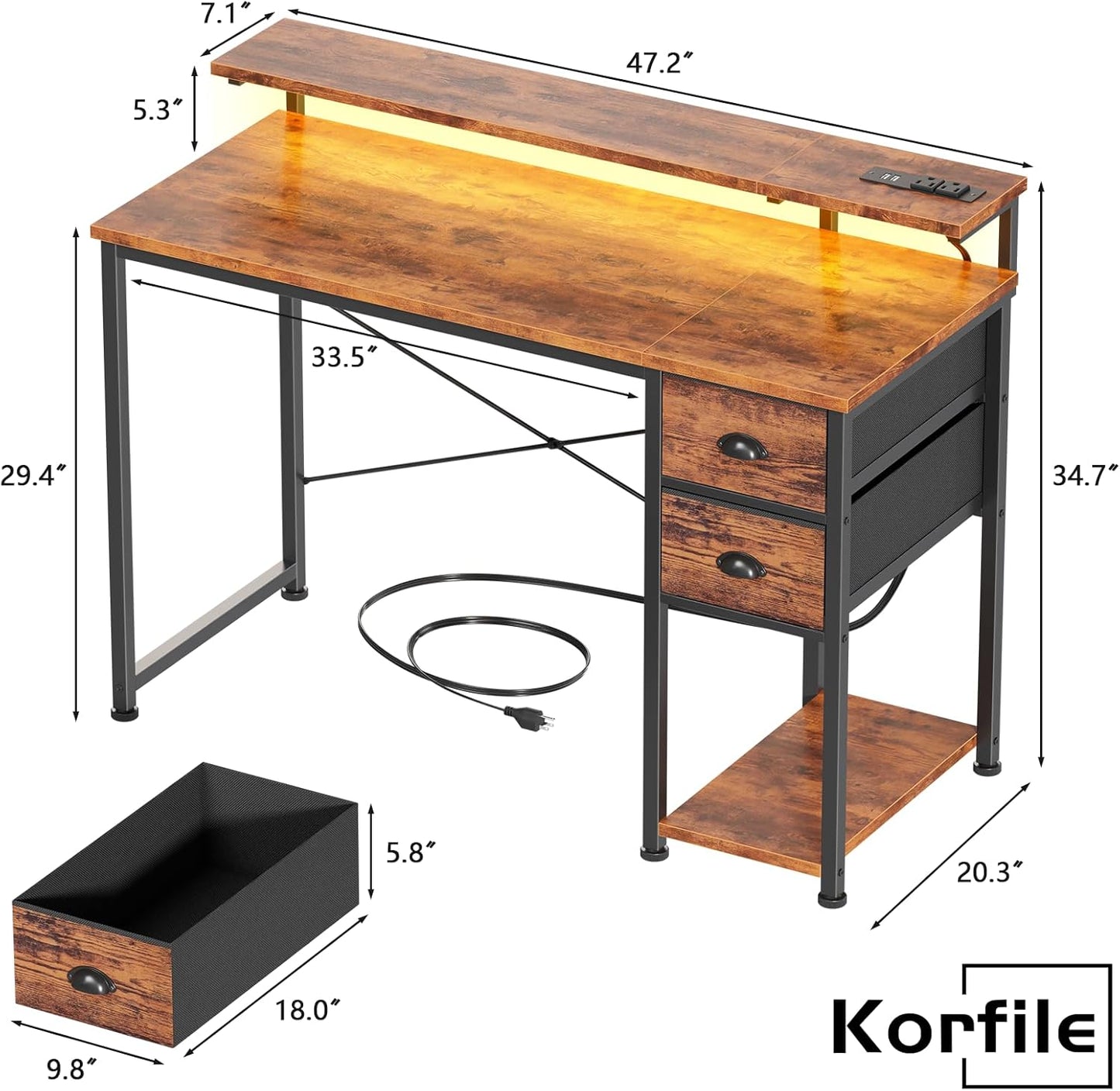Computer Gaming Desk with Power Outlets & LED Lights, Reversible Home Office Desk with 2 Storage Drawers, Full Monitor Stand, 47 Inch Work Writing Study Table, Rustic Brown