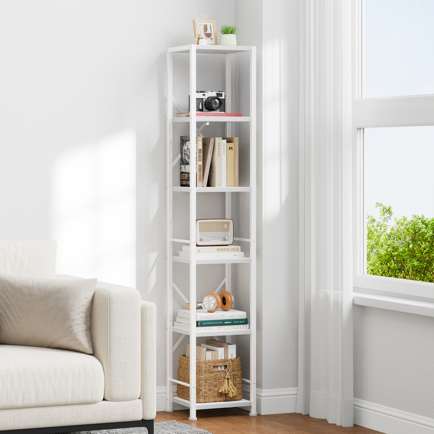 Furologee White Bookshelf 6 Tier Tall Narrow Bookcase, Modern Display Standing Shelf Unit