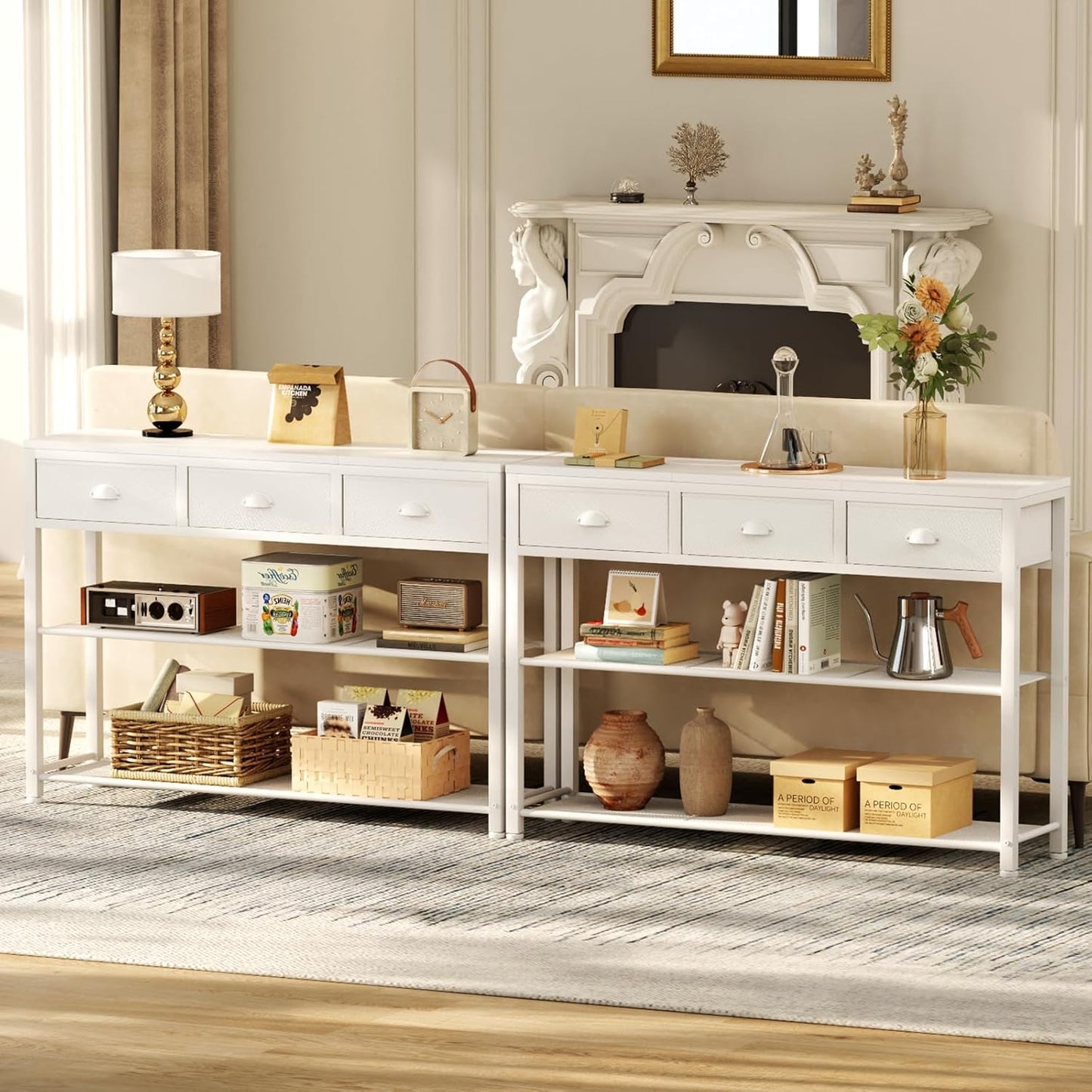 Furologee Entryway Console Table with 2 Fabric Drawers & Storage Shelf – Rustic Brown Hallway Sofa Table for Foyer or Entrance