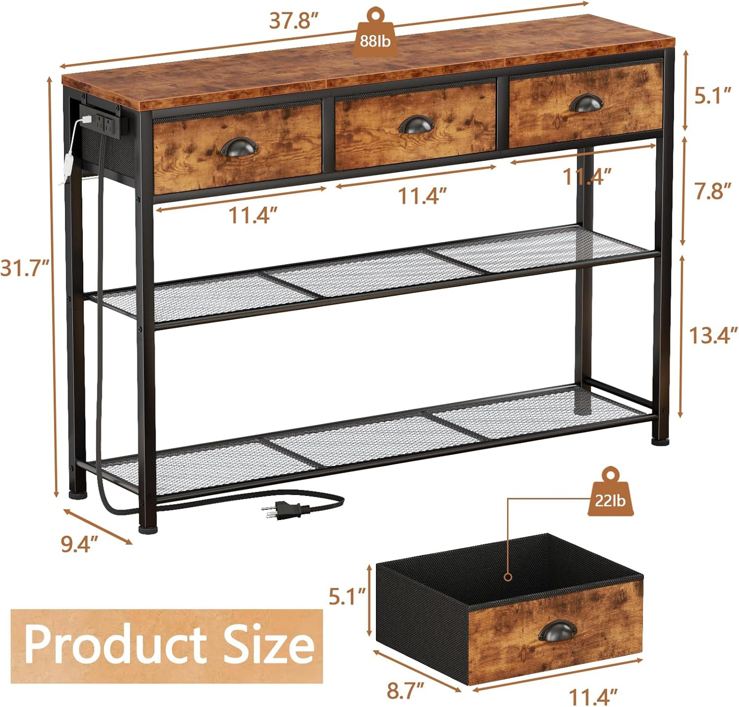 Furologee 38" Entryway Table with LED, Charging Station & 3 Fabric Drawers – Rustic Console Table with Storage Shelves