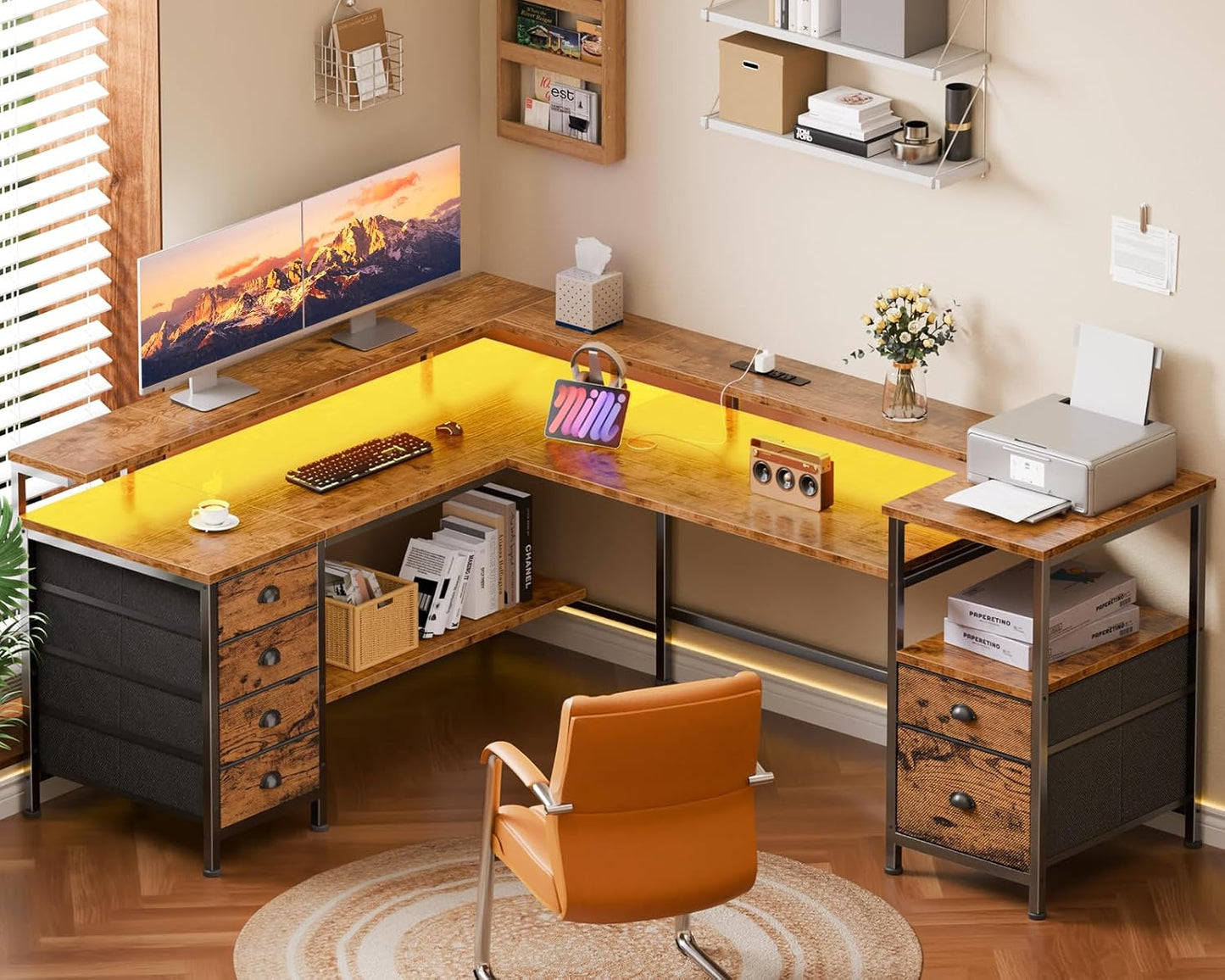 Furologee 66" Reversible L Shaped Gaming Desk with 6 Drawers