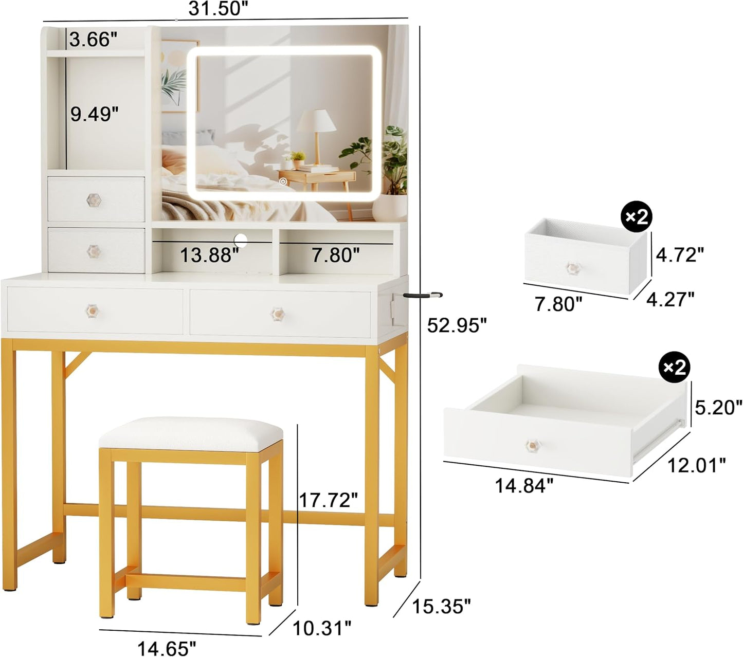 Furologee Vanity Desk with LED Lights Mirror and Power Outlets, Small Makeup Vanity Desk Stool Set with 4 Drawers, Dressing Table with Chair for Bedroom,3 Model Adjustable Lights,White and Gold
