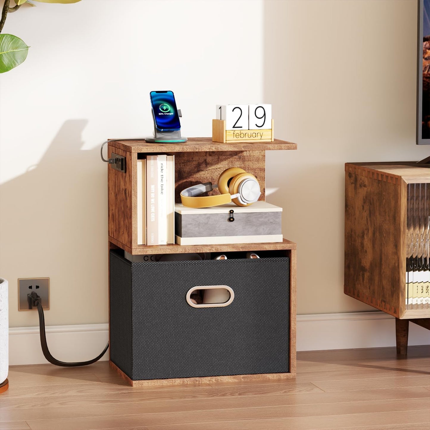Modern 3-Tier Bedside Table with Charging Station and Storage Drawer, Wood Nightstand for Small Spaces in Bedroom or Living Room