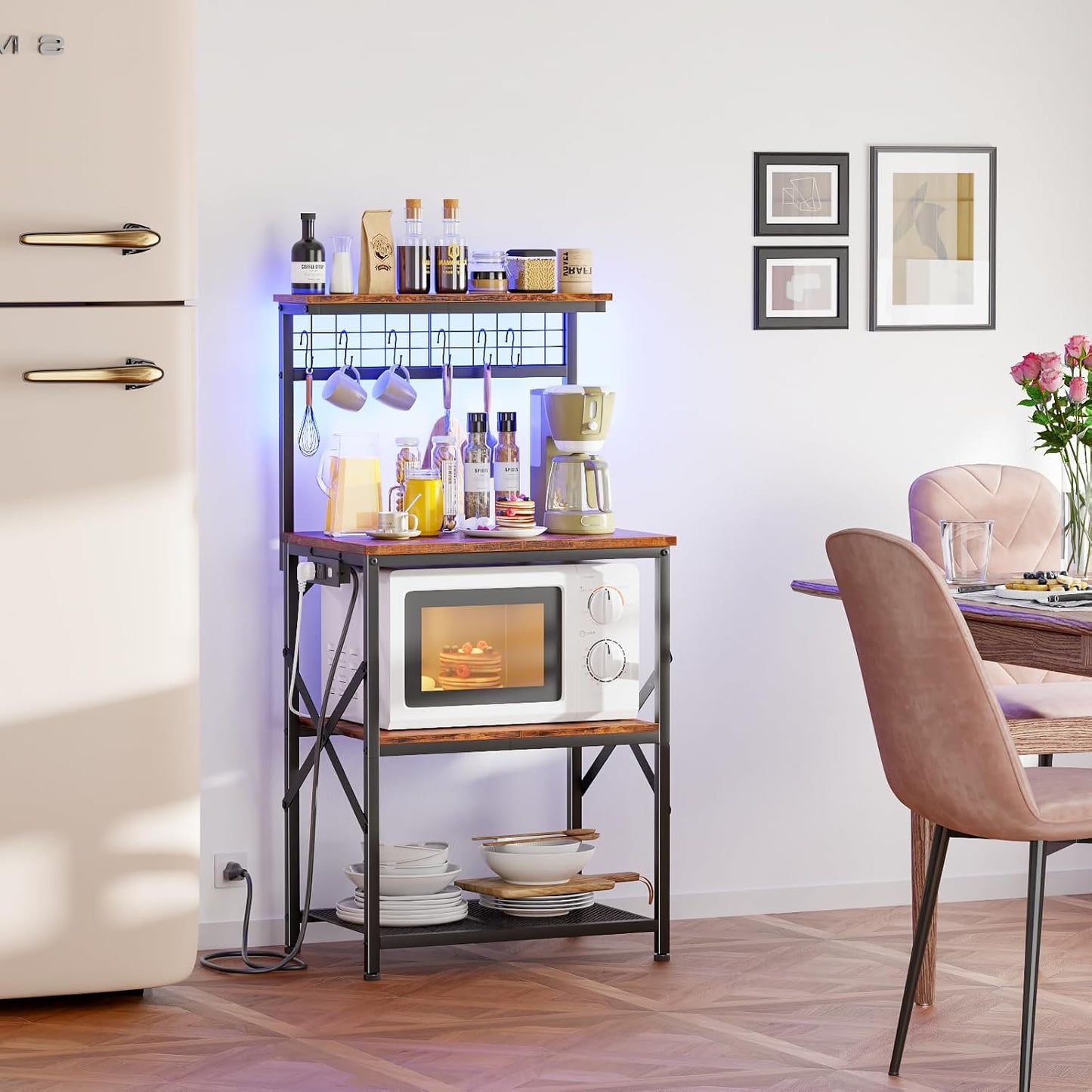 Furologee Kitchen Bakers Rack with LED Light & Outlet, Microwave Coffee Bar Stand with Storage Shelves & Hooks