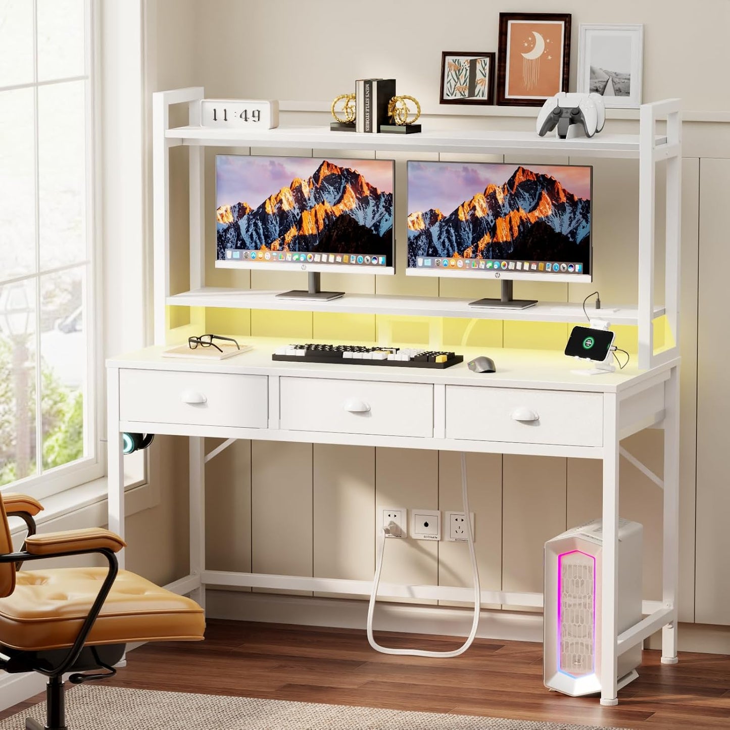 Furologee Computer Desk – 3 Drawers, Power Outlet, LED Light, Monitor Stand & Hutch, White