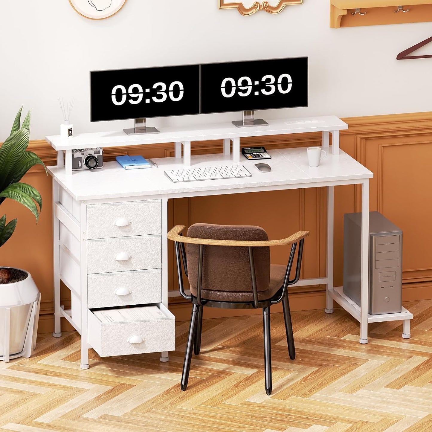 Furologee 55" Gaming Computer Desk with LED Lights, Power Outlets & 4 Fabric Drawers – Monitor Stand & Shelf for Home Office