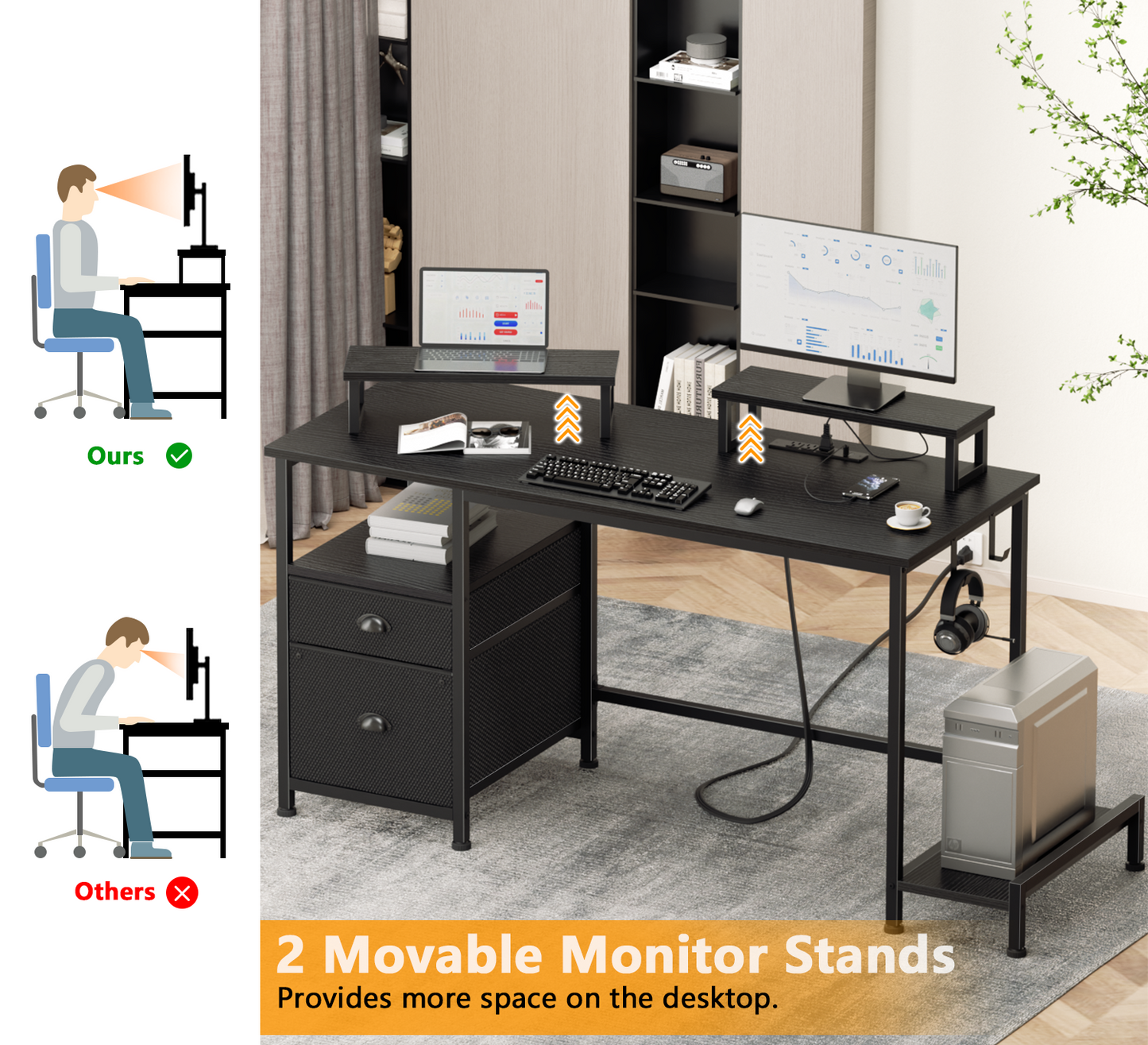 Furologee 47" Computer Desk with File Cabinet and Power Outlets, Home Office Desk with 2 Monitor Stands and Storage Drawer, Writing Gaming Table with Shelves and 2 Hooks for Bedroom, Rustic Brown