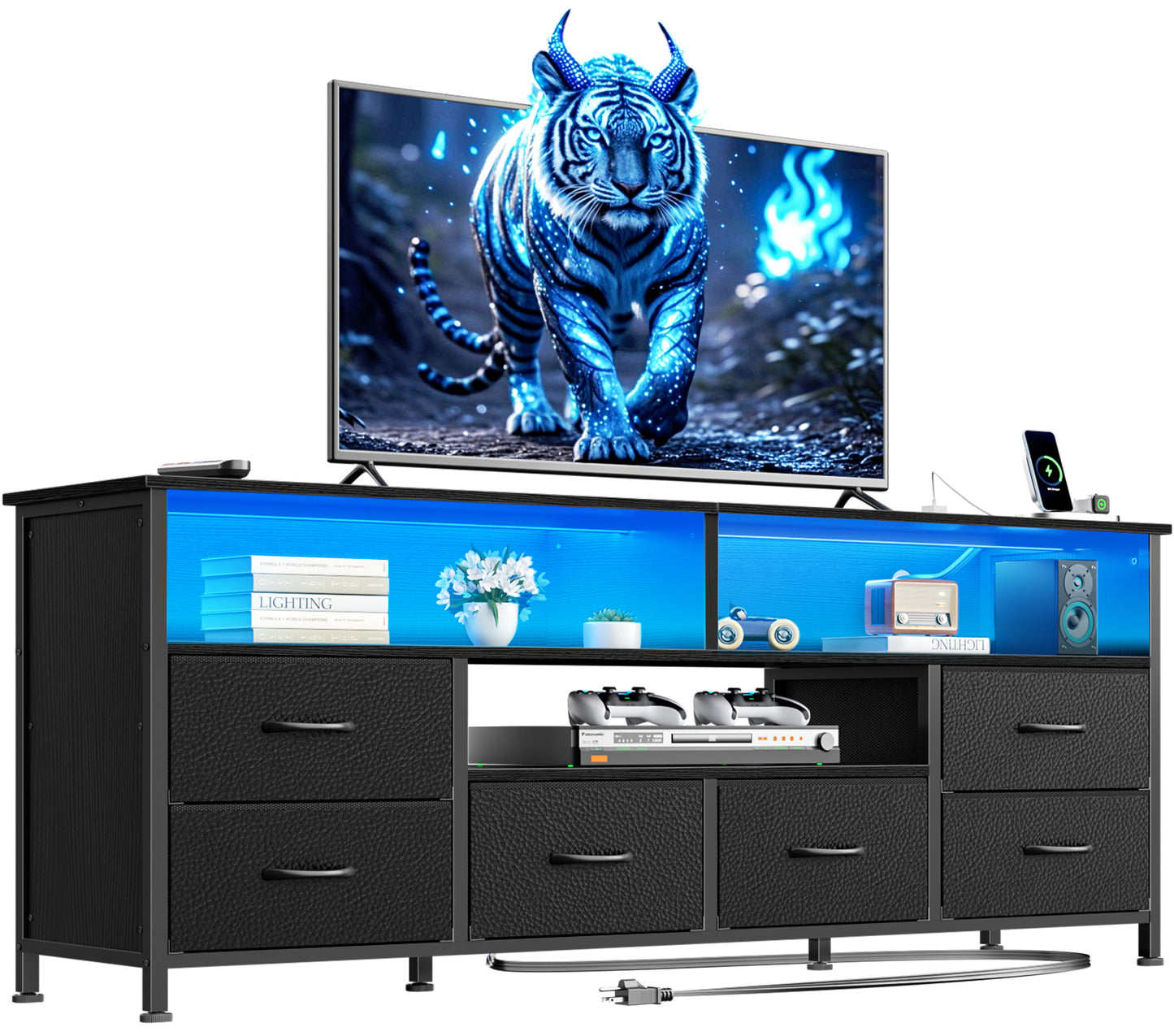 Furologee 55" LED TV Stand for Bedroom with Power Outlets, Entertainment Center with 6 Fabric Drawers for 50/55/60 inch TVs