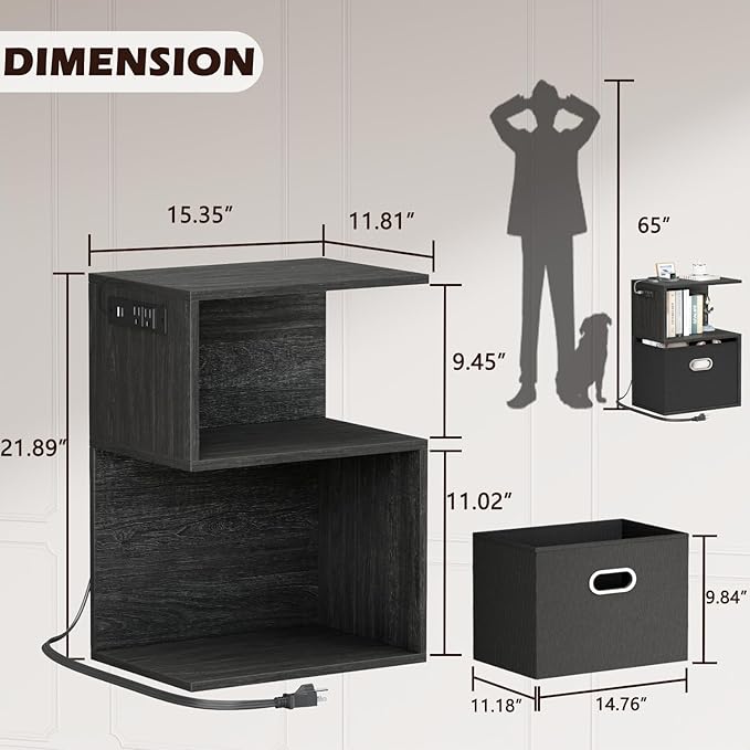 Modern 3-Tier Bedside Table with Charging Station and Storage Drawer, Wood Nightstand for Small Spaces in Bedroom or Living Room