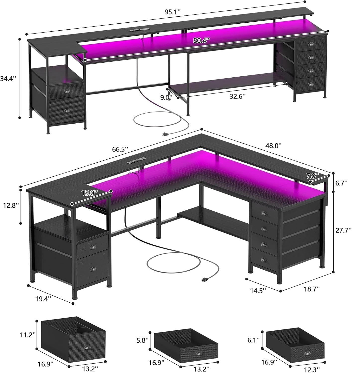 Furologee 66" Reversible L Shaped Gaming Desk with 6 Drawers Black