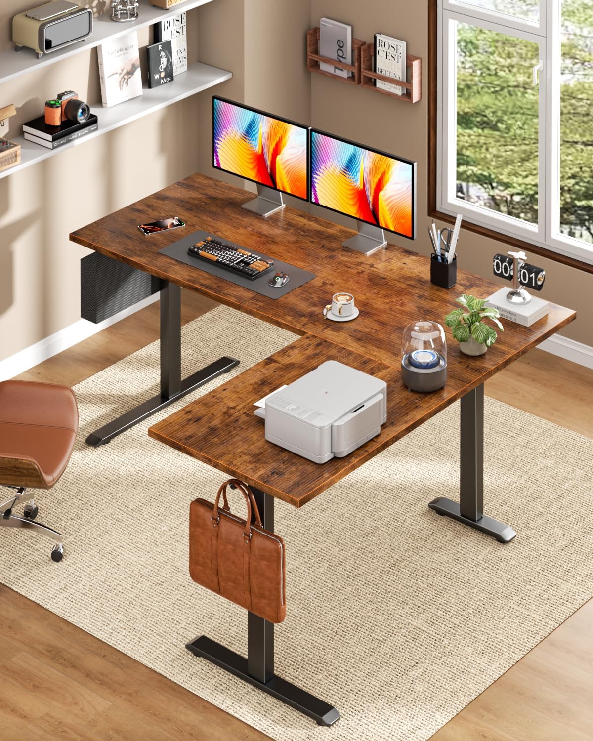 Furologee 63" L Shaped Standing Desk, Reversible Sit Stand up Computer Desk with Drawers Rustic Brown