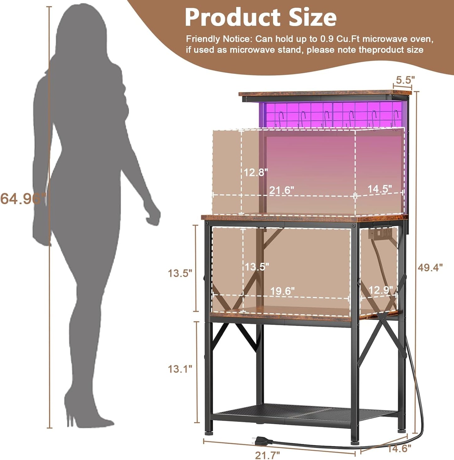 Furologee Kitchen Bakers Rack with LED Light & Outlet, Microwave Coffee Bar Stand with Storage Shelves & Hooks