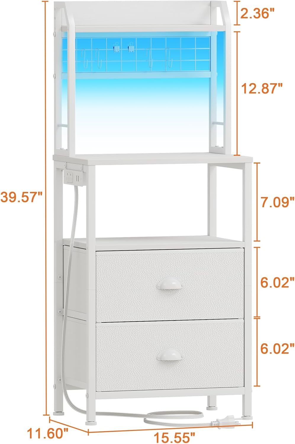 Furologee 40" Tall Nightstand with Charging Station, LED Lights & Storage – Bedside Table with Drawers & Pegboard
