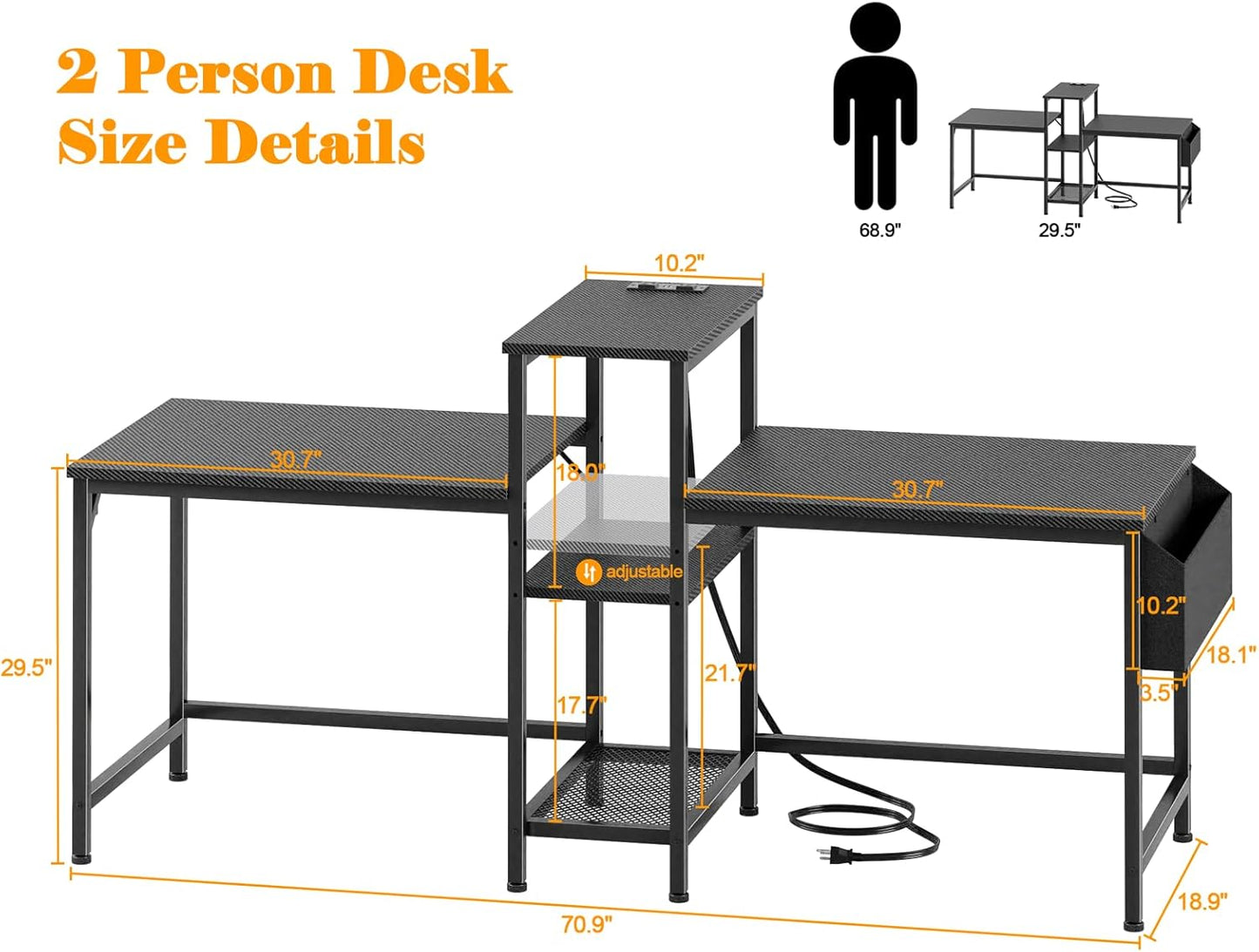 Furologee 71" Double Computer Desk with Power Outlets, Storage Bag & Headphone Hooks – Home Office Gaming or Study Table for 2
