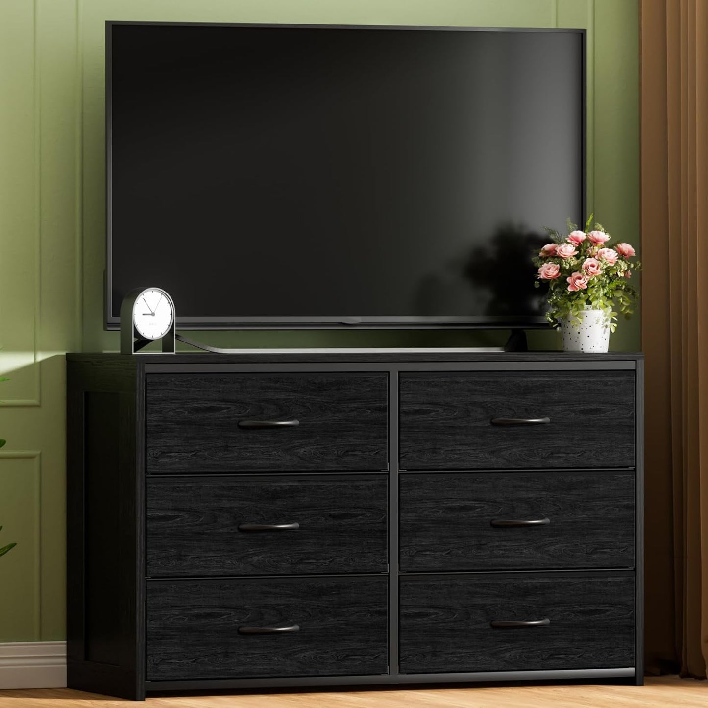 6 Drawer Dresser for Bedroom, TV Stand for 55” TV, Black Dresser for Closet, Entryway, 15.75” Deepth Fabric Drawer, Large Storage Organizer, Wooden Top and Side Board, Sturdy Steel Frame