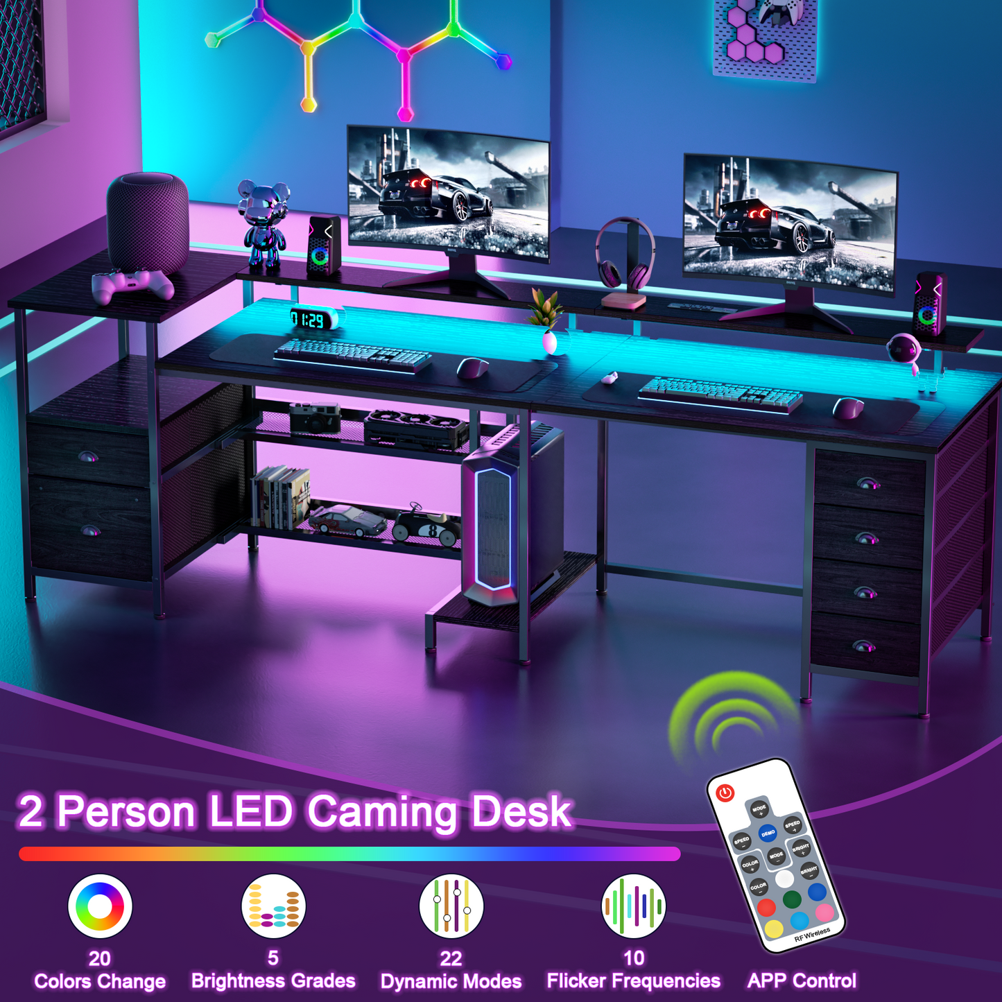Furologee 66" L Shaped Gaming Desk with 6 Drawers & Printer Storage Shelves