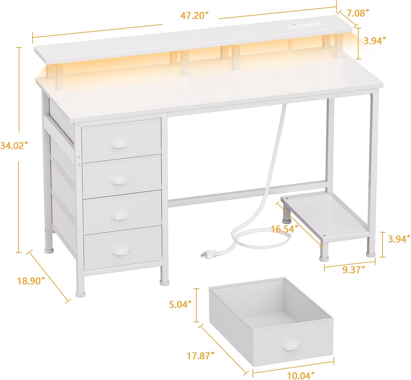 Furologee 55" Gaming Computer Desk with LED Lights, Power Outlets & 4 Fabric Drawers – Monitor Stand & Shelf for Home Office