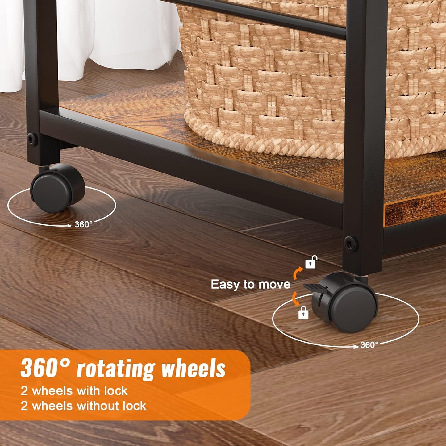 Furologee 3-Tier Mobile Printer Stand with Wheels & Storage Shelf – Rolling Under Desk Cart with Hooks for Home Office, Rustic Brown